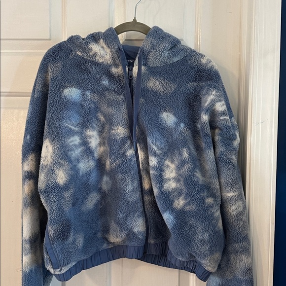 Women’s Aerie Offline Blue Tie-Dye Sherpa Fleece Full Zip Cropped Hoodie Size XL - Picture 3 of 10